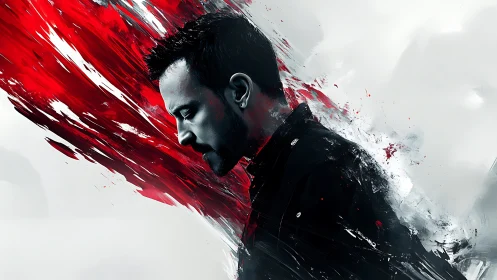 Digital painting portrait with dynamic red abstract slashes.