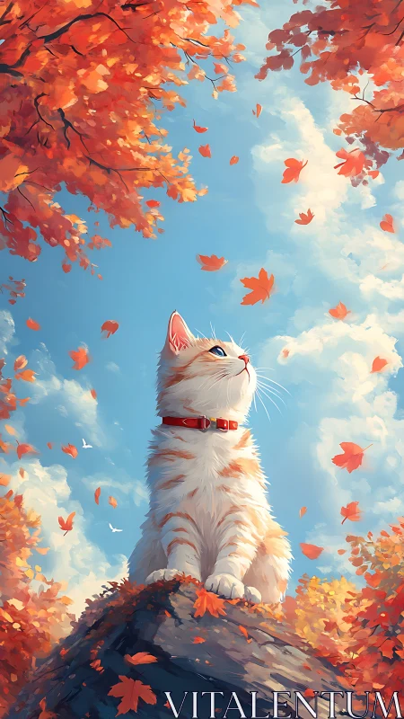 White Cat Gazing Upward Among Falling Autumn Leaves.
