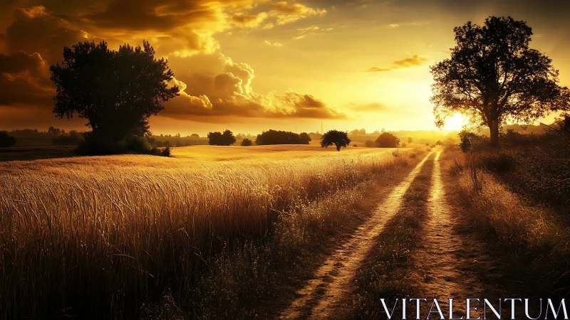 Golden country pathway glowing beneath a soft sunset sky.