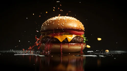 Burger meteor explodes in slow motion across glossy darkness