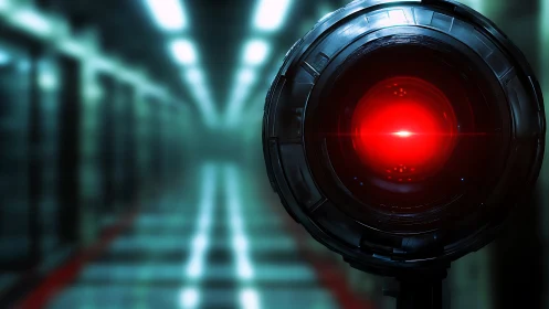 Red lens surveillance device in blurred corridor environment.