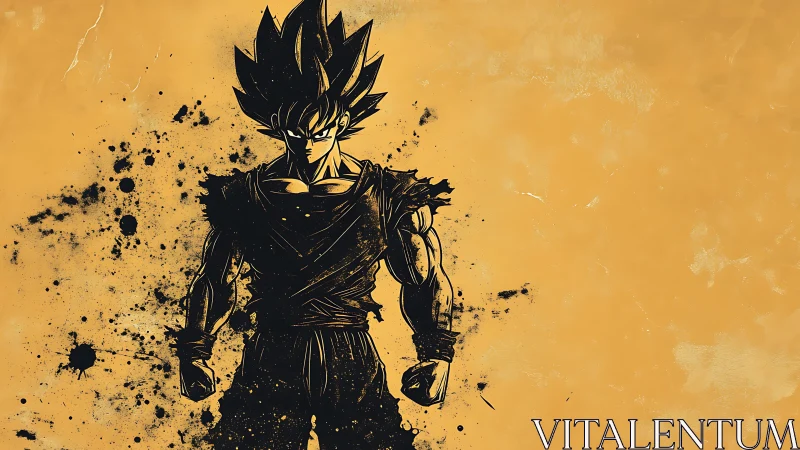 Stylized ink warrior silhouette on textured ochre field.