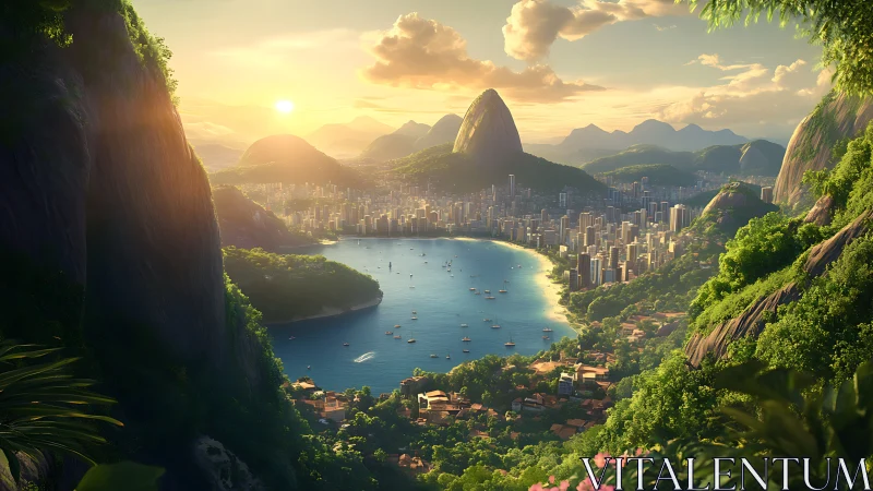 Golden Hour Paradise: Coastal City Nestled Between Majestic Cliffs.