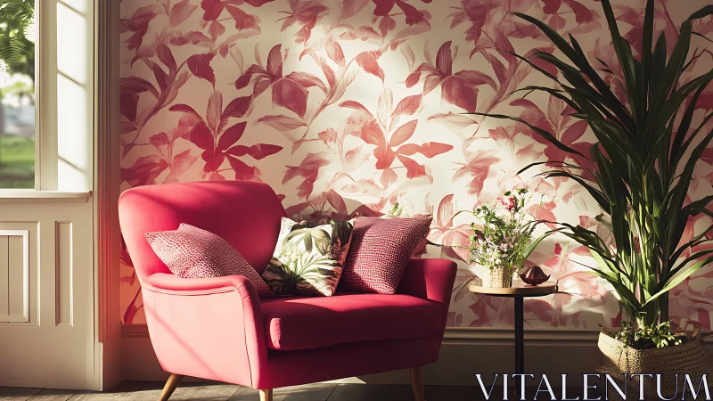 Cozy pink reading nook wrapped in sunlit floral charm.