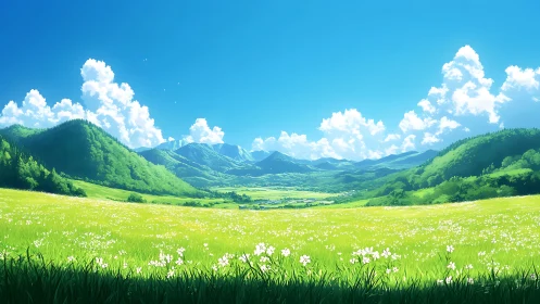 Sunlit alpine meadow with distant blue mountain ranges.