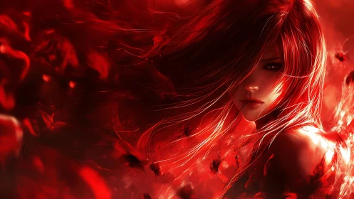 Red haired woman in fiery abstract digital portrait.