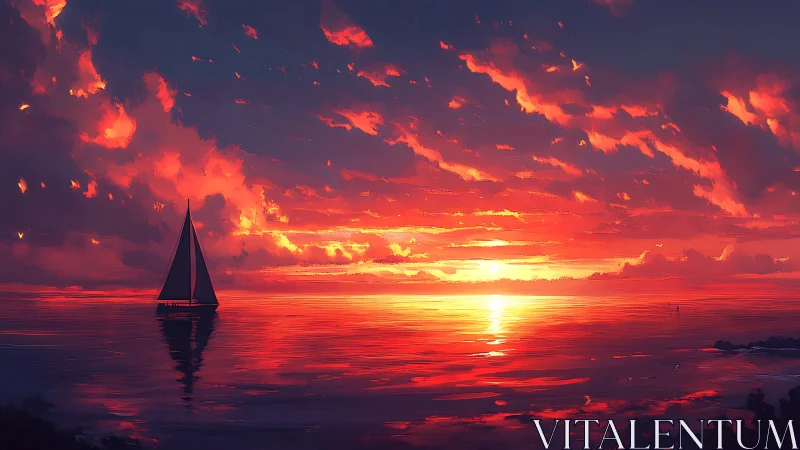 Sailboat drifts softly beneath a radiant crimson sunset sky