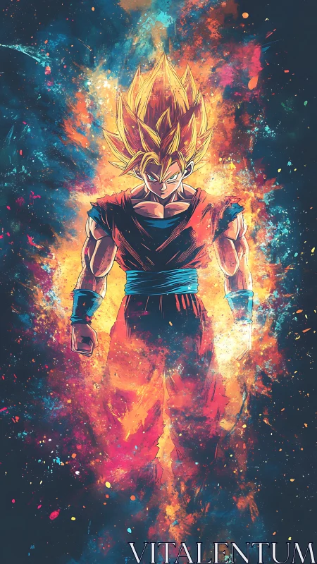 Central figure in stylized energy field stands facing viewer