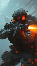 Armored sci fi soldier fires into a frozen warzone