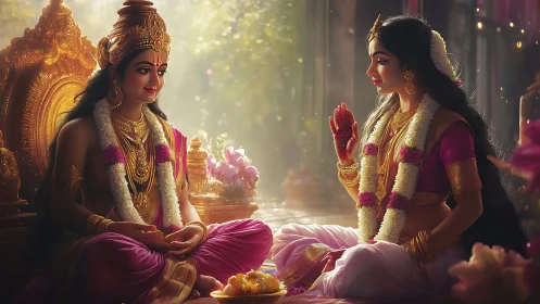 Golden divine dialogue in a lotus-lit royal pavilion glow.