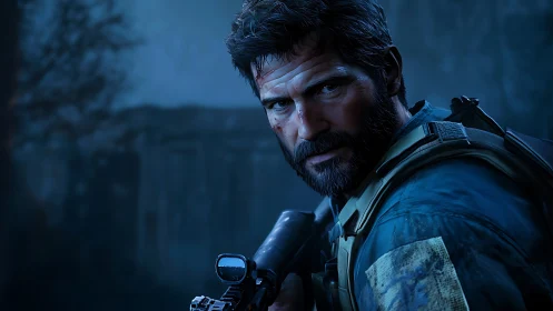 Battle-worn soldier in icy blue tactical ambience portrait.