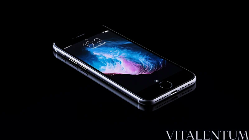Sleek smartphone glows against deep black reflective surface.