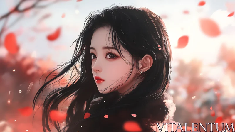 Autumn gaze drifts through crimson leaves and quiet light.