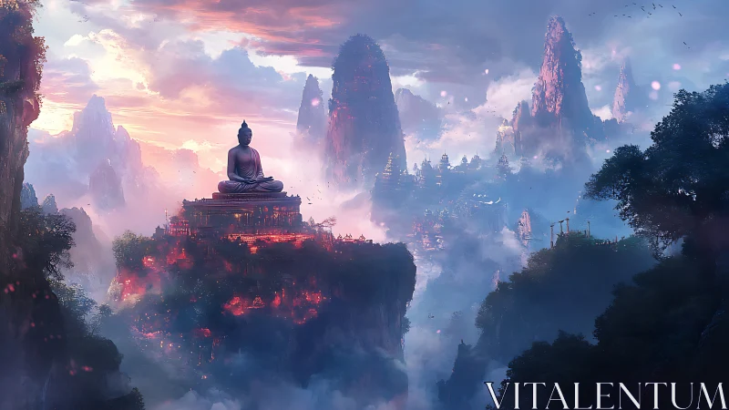 Large seated statue overlooks illuminated mountain cityscape