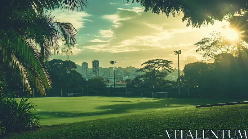 Urban sports field lies empty beneath low sun and haze