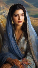 Photorealistic portrait in blue dupatta against hills.