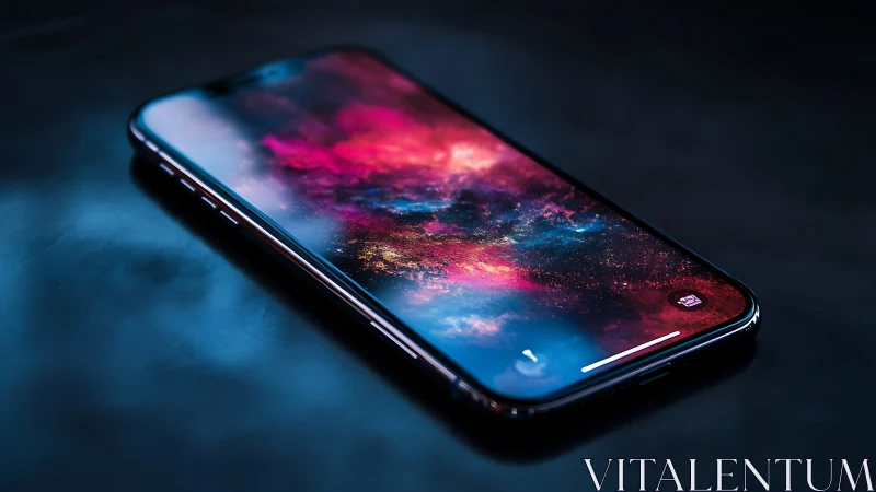 Modern smartphone with vibrant cosmic wallpaper display.