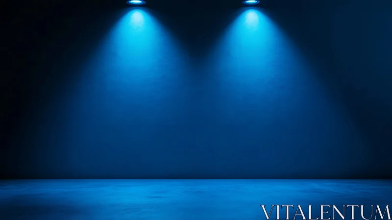 Empty dark interior wall with two overhead blue spotlights.