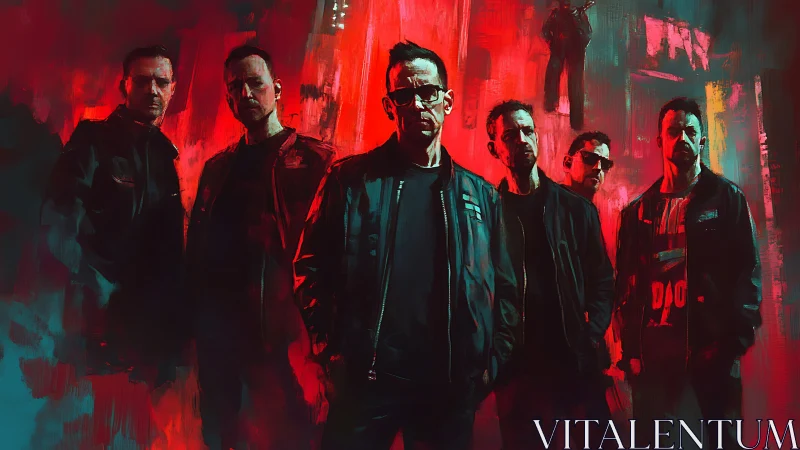 Six men in dark jackets against red urban abstract backdrop.