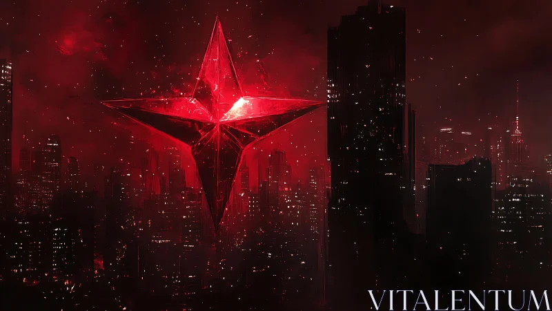 Large luminous red crystal star structure hovers above city