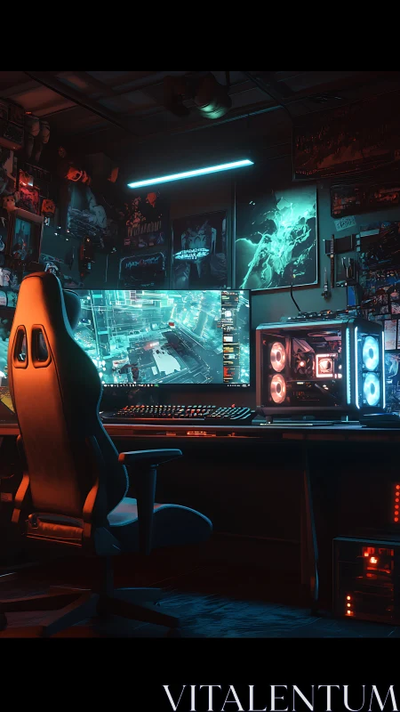 Neon-lit PC battlestation in immersive gaming den at night.