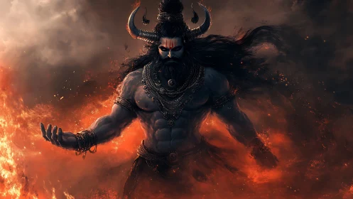 Horned mythic warrior figure stands amid dense fire plume