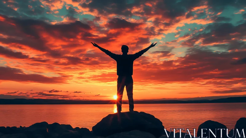 Silhouette on shore embracing vivid red orange sunset sky.