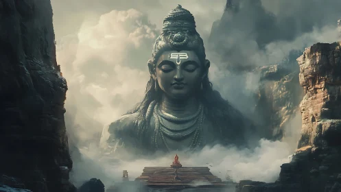 Colossal Shiva rock relief amid fog-laden canyon sanctuary
