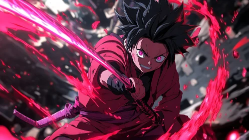 Anime swordsman with glowing eyes and red energy attack.