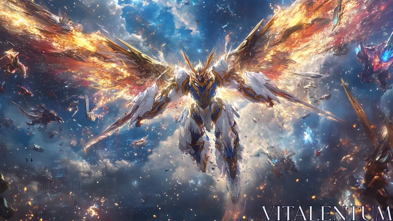 Winged armored mech in luminous aerial combat field.