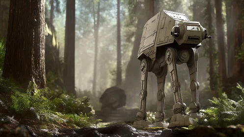 Forest standoff with a lone steel walker under soft sun.