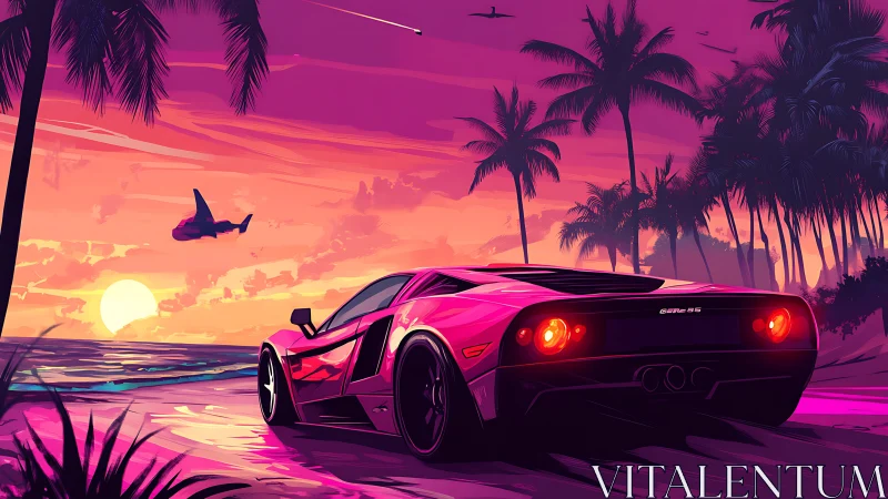 Sports car on tropical coast under stylized sunset sky.