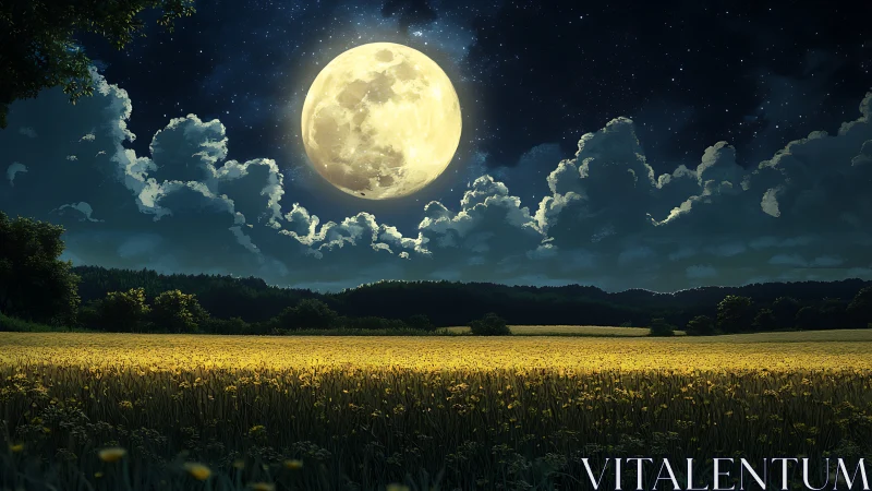 Moonlit meadow glows beneath sculpted clouds and starlit velvet sky.