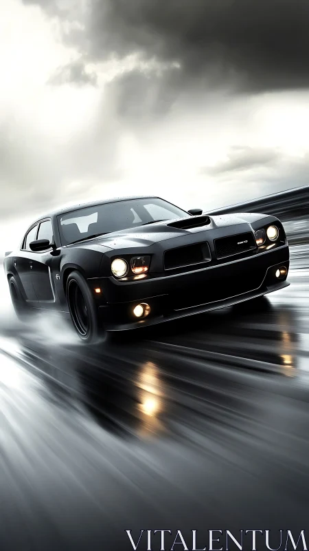 Black muscle car powers through wet highway in storm.