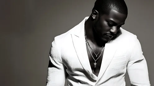 Man in white suit looking down in high-contrast portrait