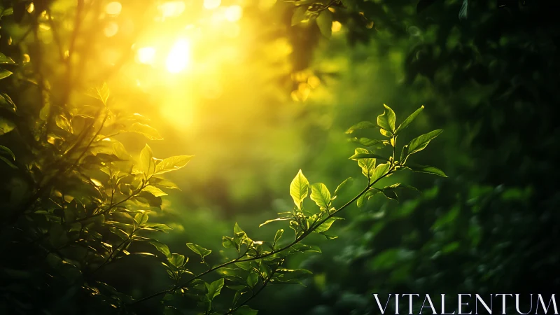 Sunlit forest branch with glowing golden bokeh effect, natural style.