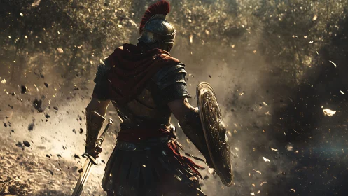 Armored hoplite advances through debris in cinematic backlight