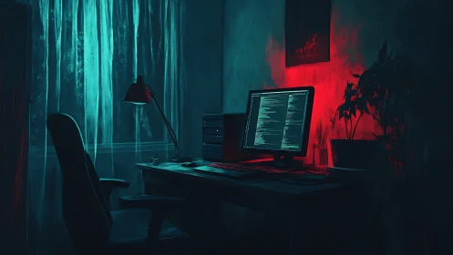 Computer workstation displays source code in low light room