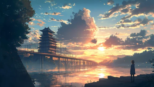 Sunset bridge over river beside pagoda tower.