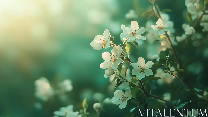 Delicate white blossoms with golden stamens on verdant branches.