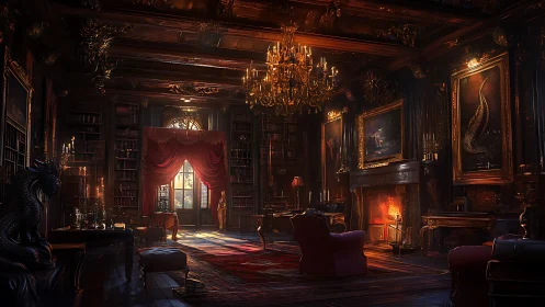 Opulent fantasy library glows with firelit evening warmth