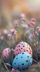 Speckled pastel eggs resting among soft spring flowers.