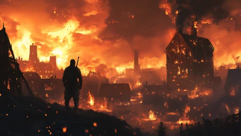 Digital painting of lone warrior surveying burning medieval city.