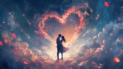 Silhouetted Couple Embracing Within Luminescent Heart Formation.