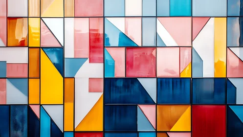 Geometric glass mosaic wall in bold candy-colored blocks.