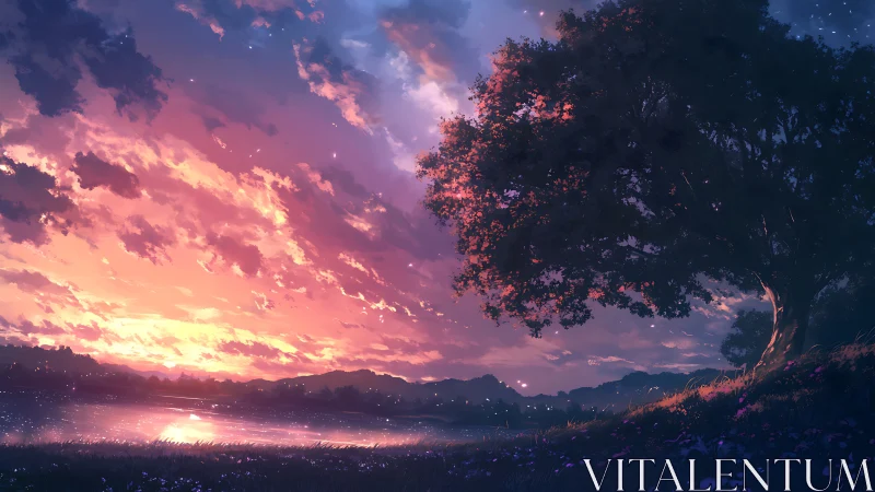 Radiant twilight sky glows above tranquil lakeside meadow.