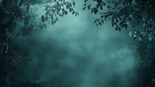 Mystical Forest Shrouded in Misty Teal Atmosphere.