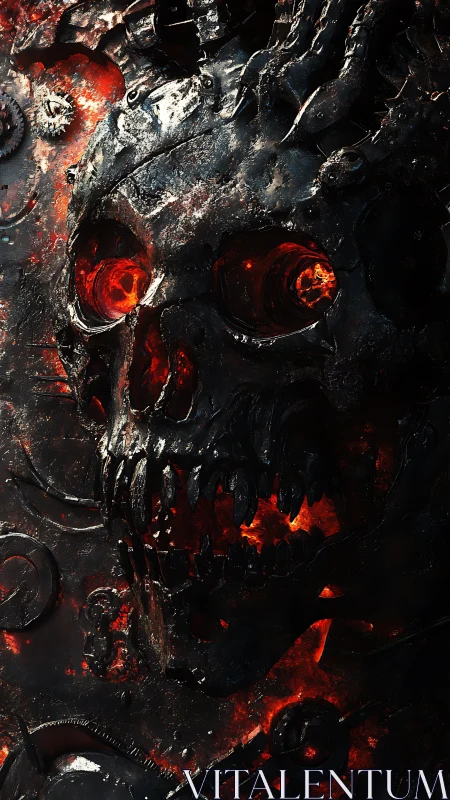 Molten metal skull emerges from blazing industrial inferno
