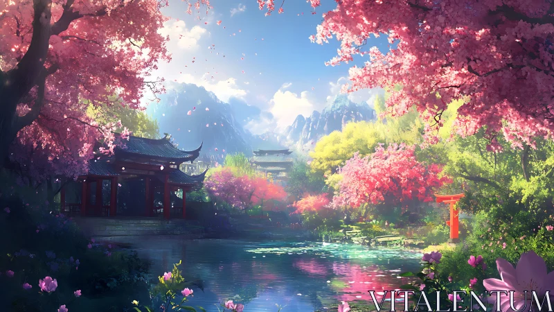 Serene cherry blossom shrine beside reflective mountain lake.
