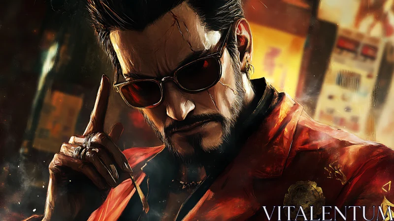 Scarred crime boss in crimson coat under cinematic lighting.